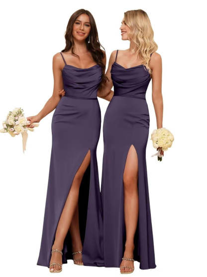 Sleeveless Floor-Length Satin Bridesmaid Dress with Spaghetti Straps, Ruffles, and a Side Split