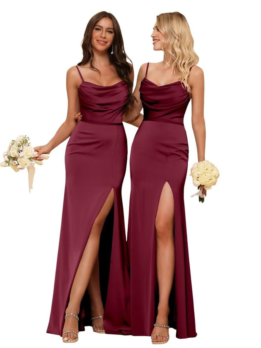Sleeveless Floor-Length Satin Bridesmaid Dress with Spaghetti Straps, Ruffles, and a Side Split