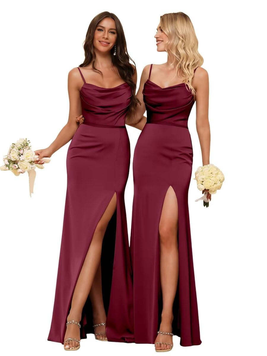 Sleeveless Floor-Length Satin Bridesmaid Dress with Spaghetti Straps, Ruffles, and a Side Split