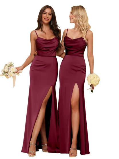 Sleeveless Floor-Length Satin Bridesmaid Dress with Spaghetti Straps, Ruffles, and a Side Split