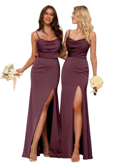 Sleeveless Floor-Length Satin Bridesmaid Dress with Spaghetti Straps, Ruffles, and a Side Split