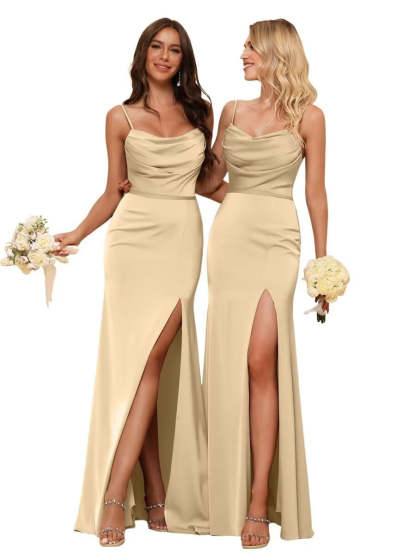 Sleeveless Floor-Length Satin Bridesmaid Dress with Spaghetti Straps, Ruffles, and a Side Split