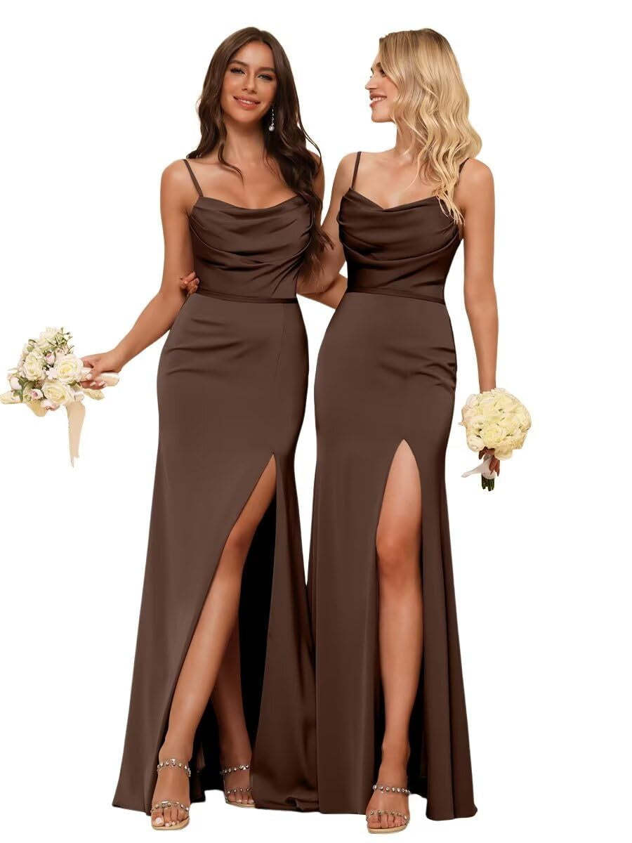 Sleeveless Floor-Length Satin Bridesmaid Dress with Spaghetti Straps, Ruffles, and a Side Split