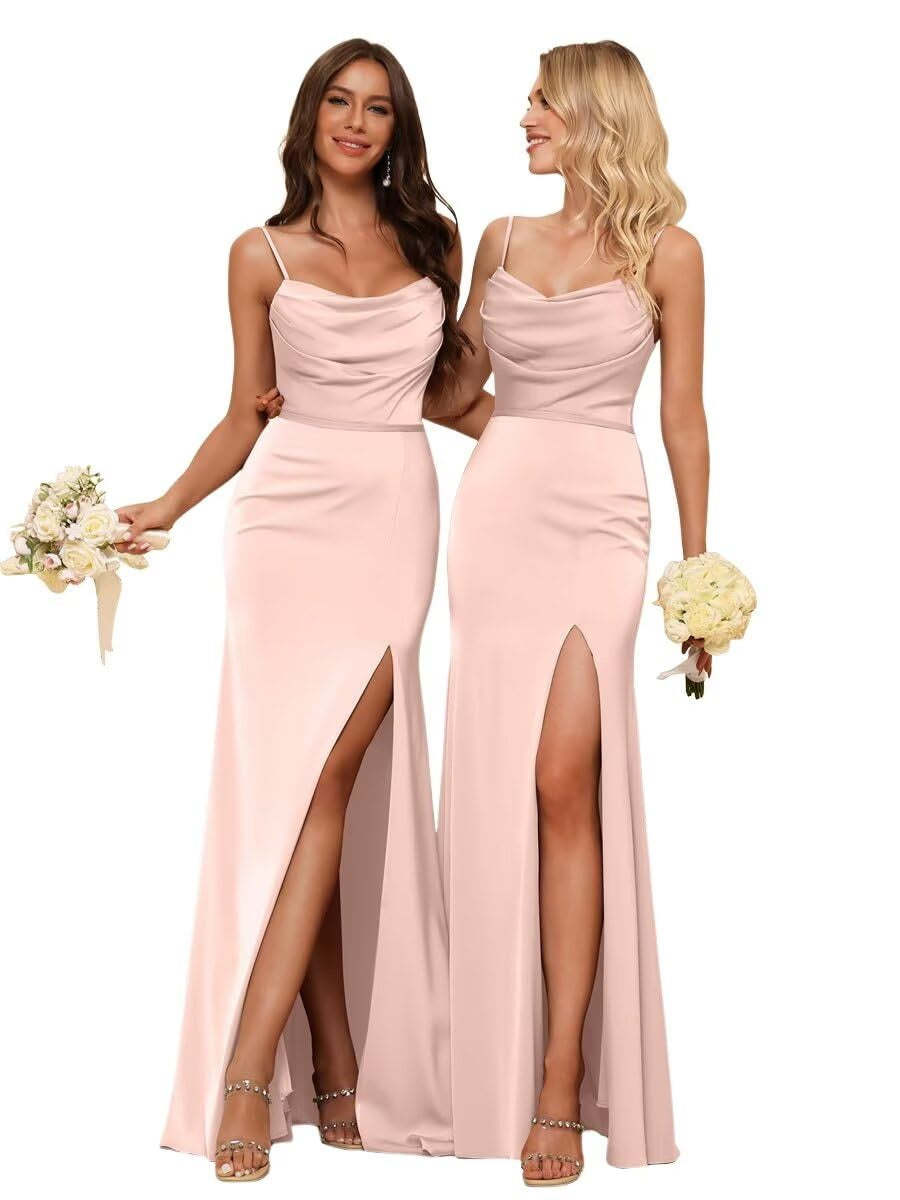 Sleeveless Floor-Length Satin Bridesmaid Dress with Spaghetti Straps, Ruffles, and a Side Split