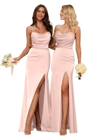 Sleeveless Floor-Length Satin Bridesmaid Dress with Spaghetti Straps, Ruffles, and a Side Split