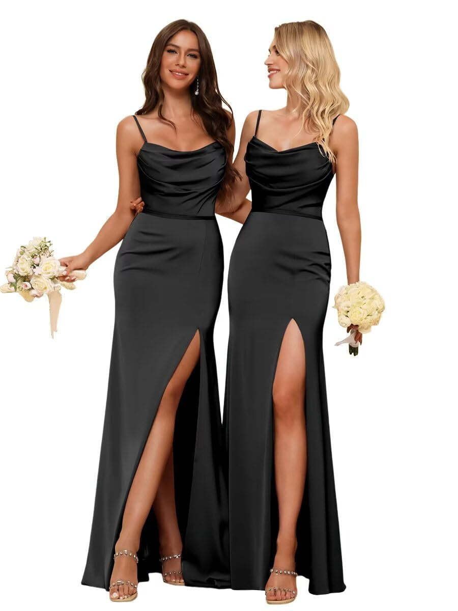 Sleeveless Floor-Length Satin Bridesmaid Dress with Spaghetti Straps, Ruffles, and a Side Split