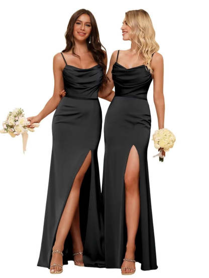Sleeveless Floor-Length Satin Bridesmaid Dress with Spaghetti Straps, Ruffles, and a Side Split