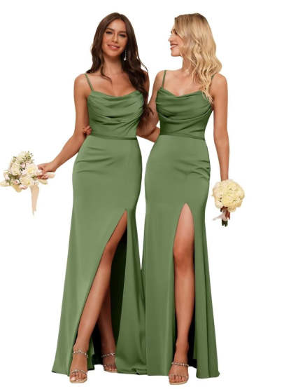 Sleeveless Floor-Length Satin Bridesmaid Dress with Spaghetti Straps, Ruffles, and a Side Split