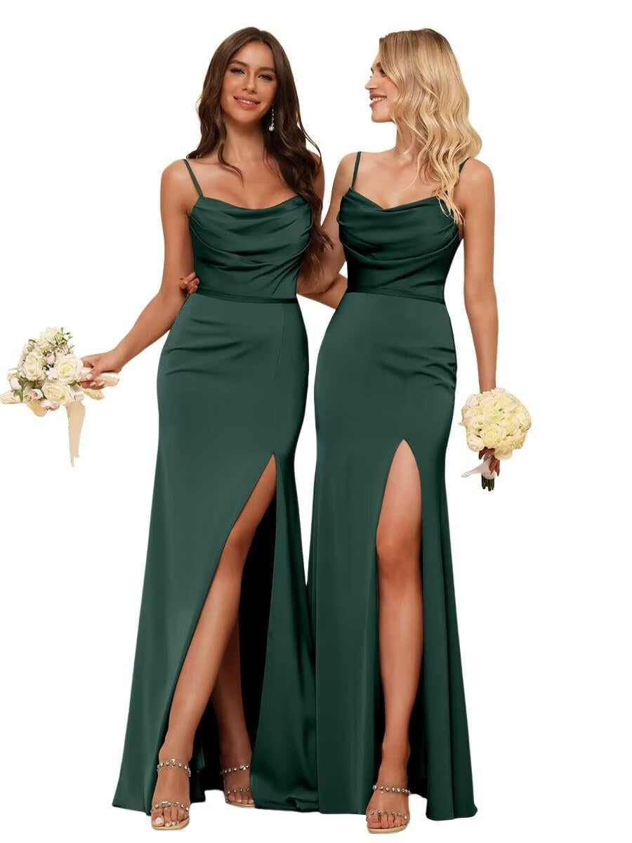 Sleeveless Floor-Length Satin Bridesmaid Dress with Spaghetti Straps, Ruffles, and a Side Split