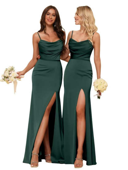 Sleeveless Floor-Length Satin Bridesmaid Dress with Spaghetti Straps, Ruffles, and a Side Split