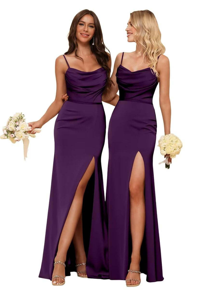 Sleeveless Floor-Length Satin Bridesmaid Dress with Spaghetti Straps, Ruffles, and a Side Split