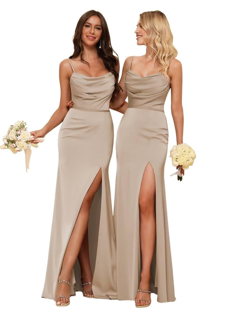 Sleeveless Floor-Length Satin Bridesmaid Dress with Spaghetti Straps, Ruffles, and a Side Split