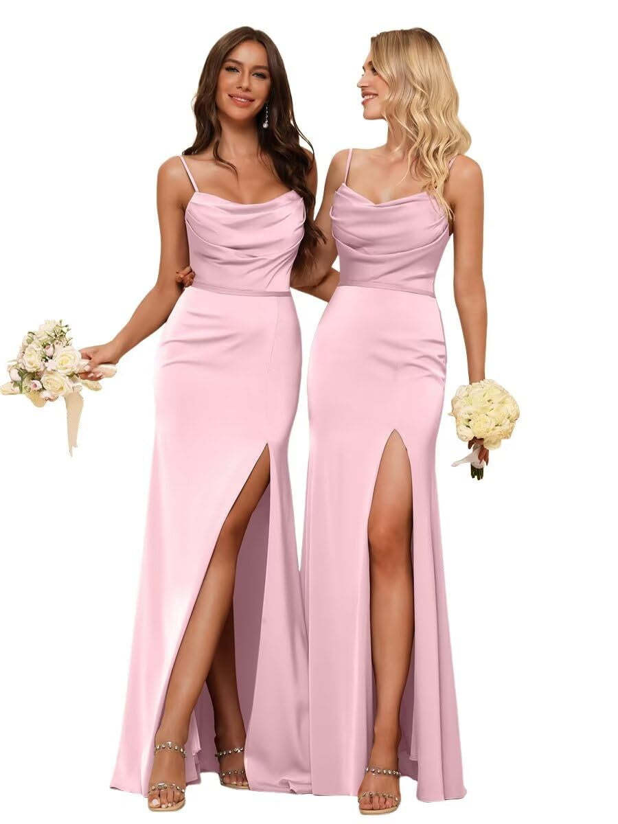 Sleeveless Floor-Length Satin Bridesmaid Dress with Spaghetti Straps, Ruffles, and a Side Split