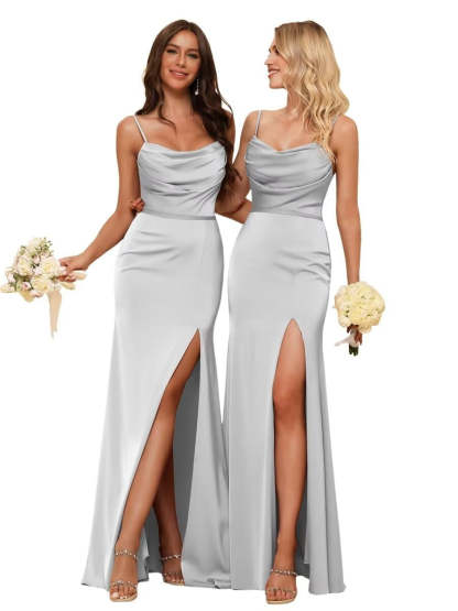 Sleeveless Floor-Length Satin Bridesmaid Dress with Spaghetti Straps, Ruffles, and a Side Split