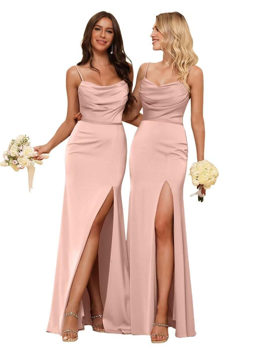 Sleeveless Floor-Length Satin Bridesmaid Dress with Spaghetti Straps, Ruffles, and a Side Split