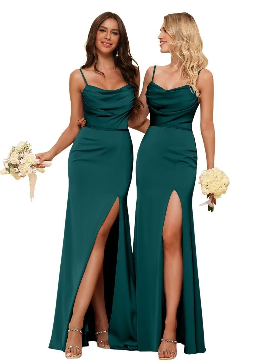 Sleeveless Floor-Length Satin Bridesmaid Dress with Spaghetti Straps, Ruffles, and a Side Split