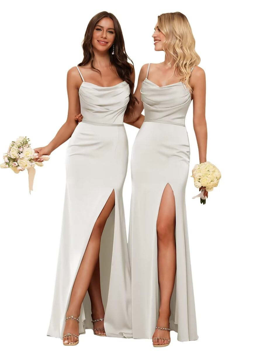 Sleeveless Floor-Length Satin Bridesmaid Dress with Spaghetti Straps, Ruffles, and a Side Split