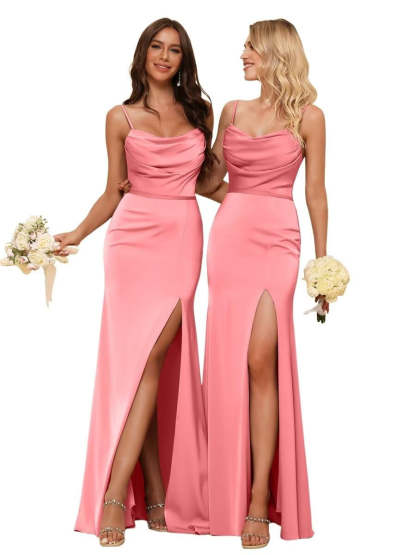 Sleeveless Floor-Length Satin Bridesmaid Dress with Spaghetti Straps, Ruffles, and a Side Split
