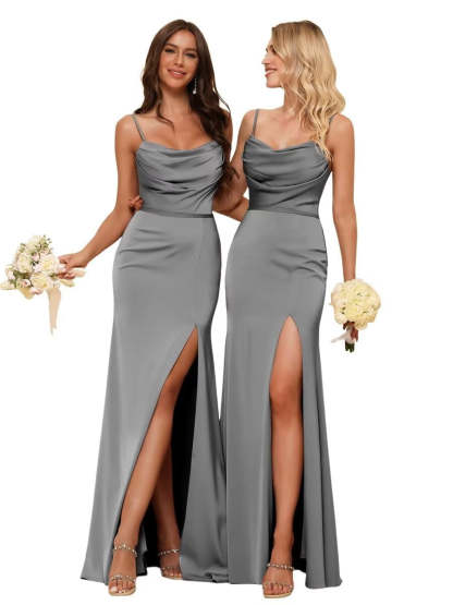 Sleeveless Floor-Length Satin Bridesmaid Dress with Spaghetti Straps, Ruffles, and a Side Split