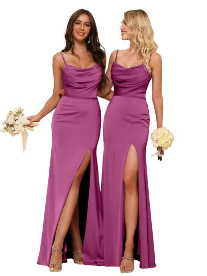 Sleeveless Floor-Length Satin Bridesmaid Dress with Spaghetti Straps, Ruffles, and a Side Split