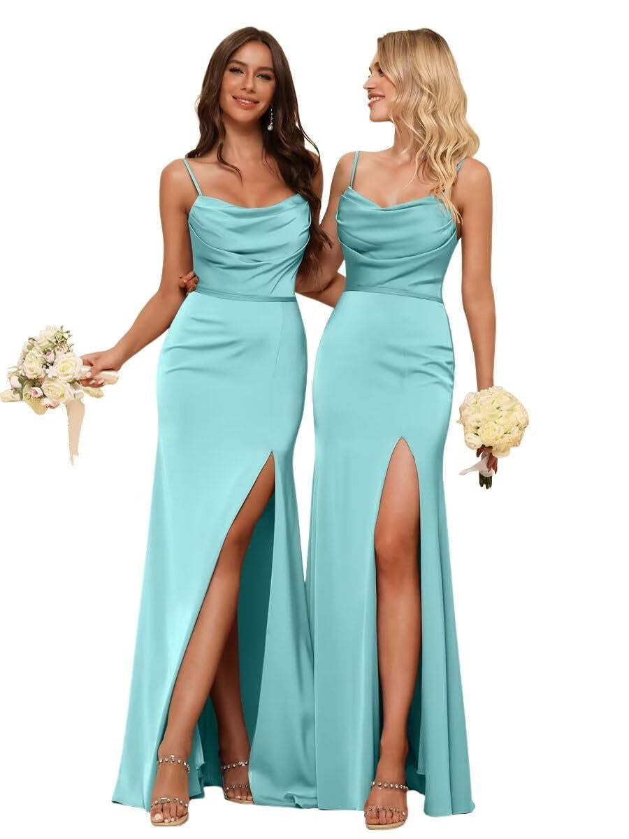 Sleeveless Floor-Length Satin Bridesmaid Dress with Spaghetti Straps, Ruffles, and a Side Split