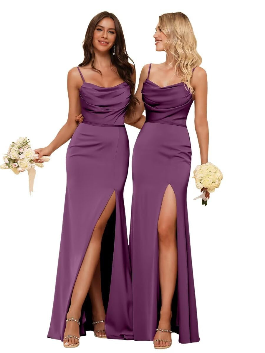 Sleeveless Floor-Length Satin Bridesmaid Dress with Spaghetti Straps, Ruffles, and a Side Split