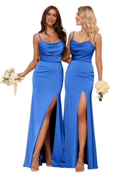 Sleeveless Floor-Length Satin Bridesmaid Dress with Spaghetti Straps, Ruffles, and a Side Split