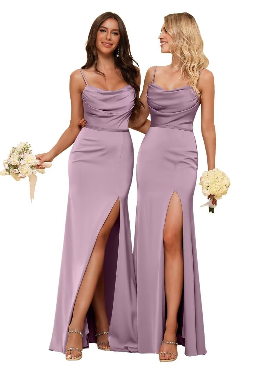 Sleeveless Floor-Length Satin Bridesmaid Dress with Spaghetti Straps, Ruffles, and a Side Split