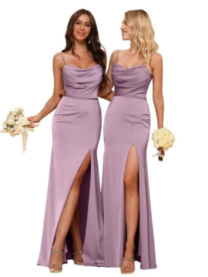 Sleeveless Floor-Length Satin Bridesmaid Dress with Spaghetti Straps, Ruffles, and a Side Split