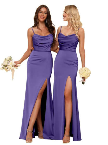 Sleeveless Floor-Length Satin Bridesmaid Dress with Spaghetti Straps, Ruffles, and a Side Split
