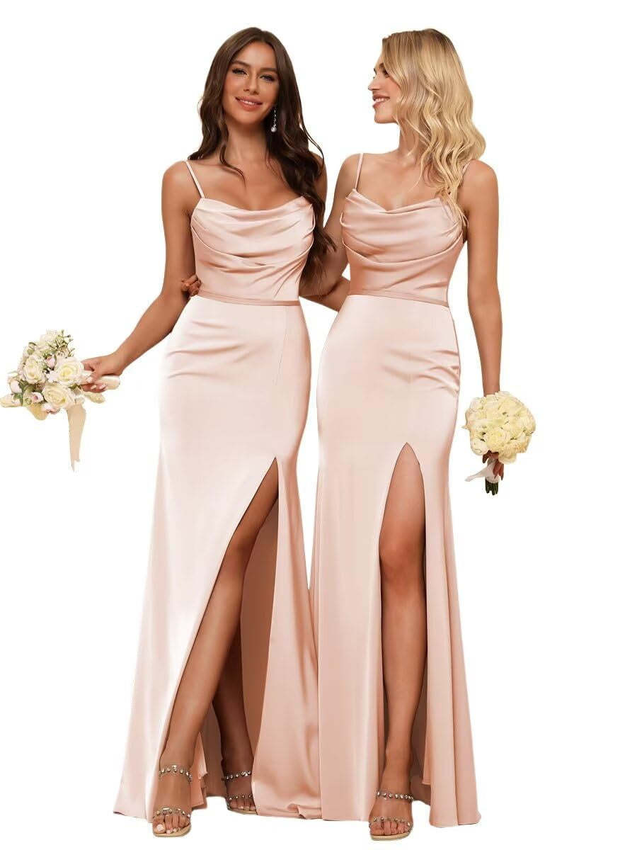 Sleeveless Floor-Length Satin Bridesmaid Dress with Spaghetti Straps, Ruffles, and a Side Split