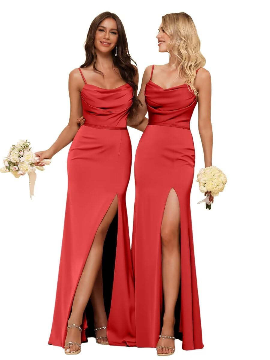 Sleeveless Floor-Length Satin Bridesmaid Dress with Spaghetti Straps, Ruffles, and a Side Split