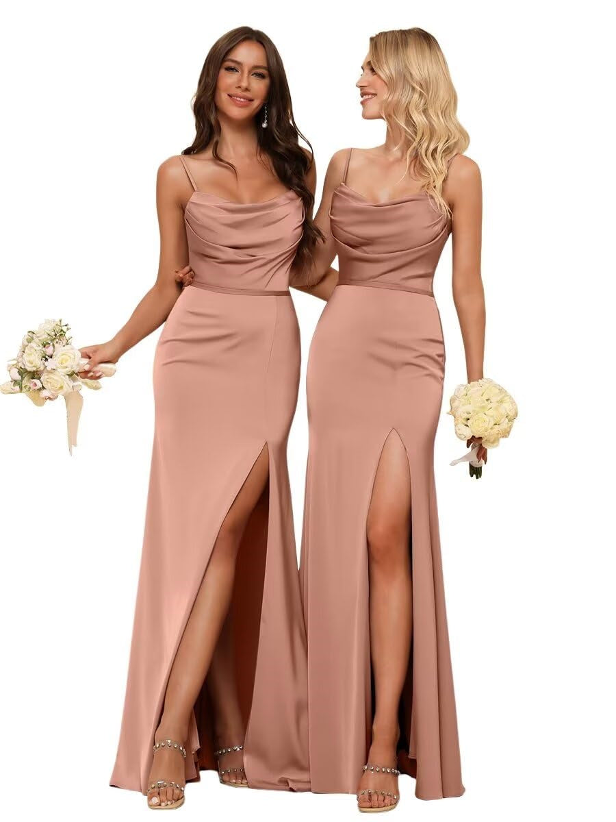 Sleeveless Floor-Length Satin Bridesmaid Dress with Spaghetti Straps, Ruffles, and a Side Split