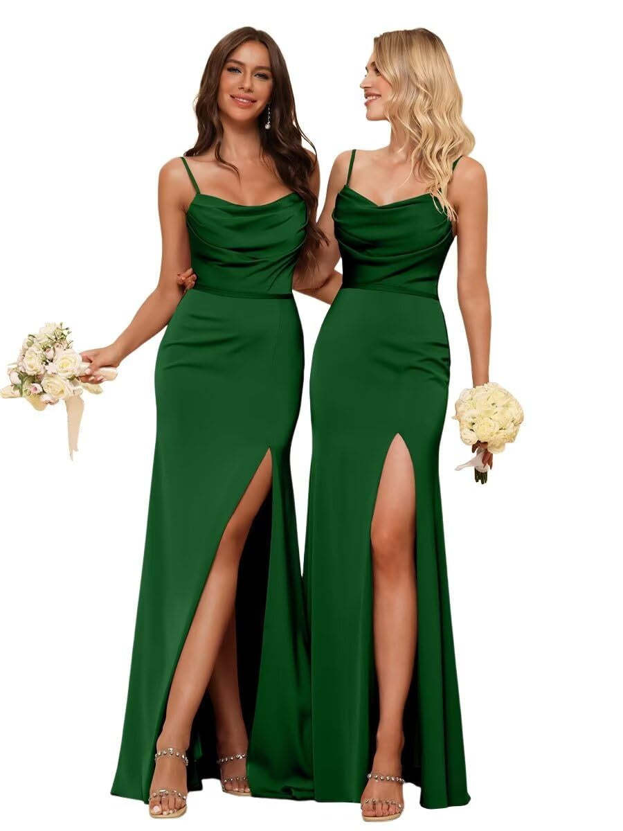 Sleeveless Floor-Length Satin Bridesmaid Dress with Spaghetti Straps, Ruffles, and a Side Split