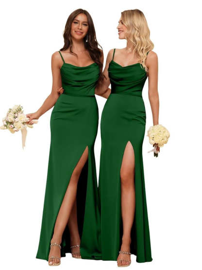 Sleeveless Floor-Length Satin Bridesmaid Dress with Spaghetti Straps, Ruffles, and a Side Split