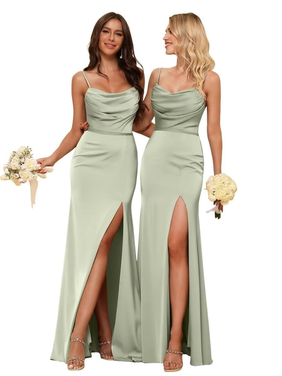 Sleeveless Floor-Length Satin Bridesmaid Dress with Spaghetti Straps, Ruffles, and a Side Split