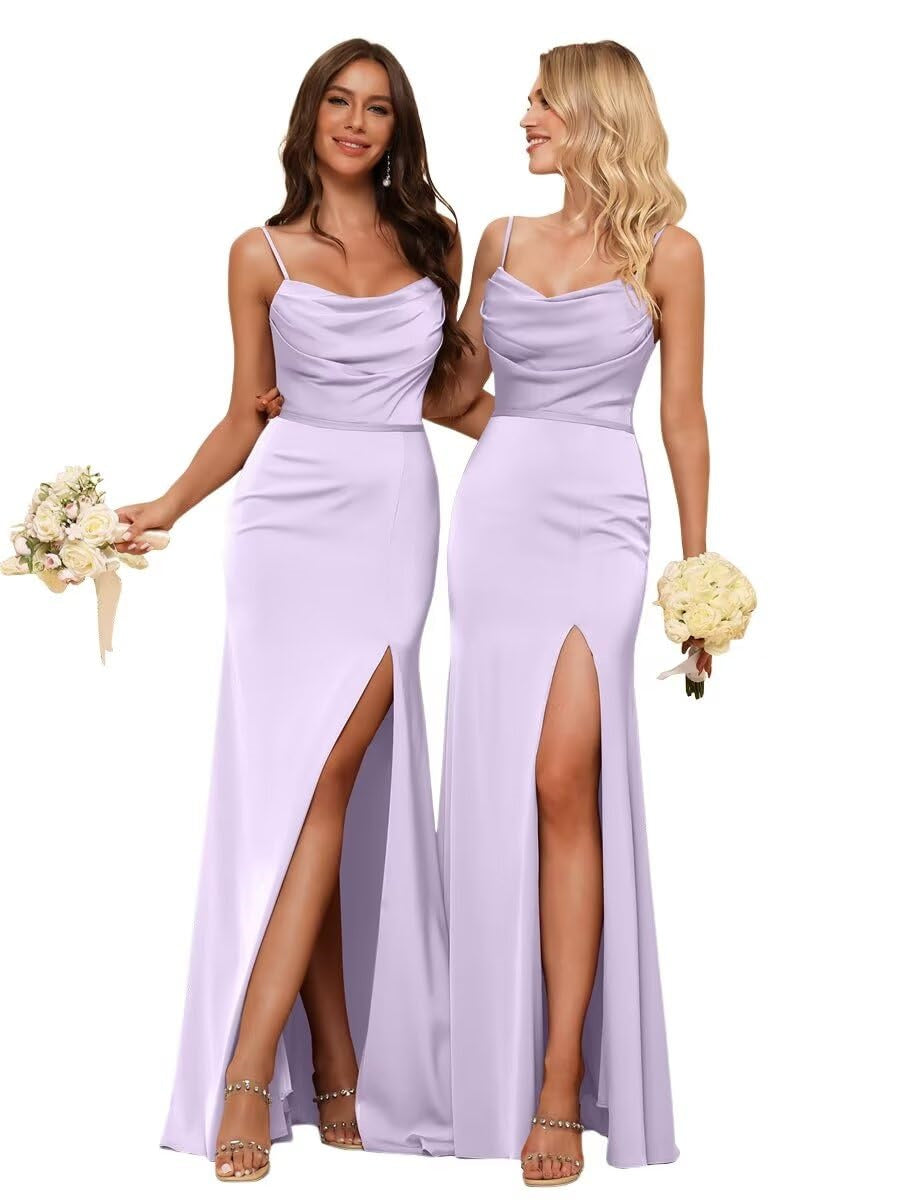 Sleeveless Floor-Length Satin Bridesmaid Dress with Spaghetti Straps, Ruffles, and a Side Split