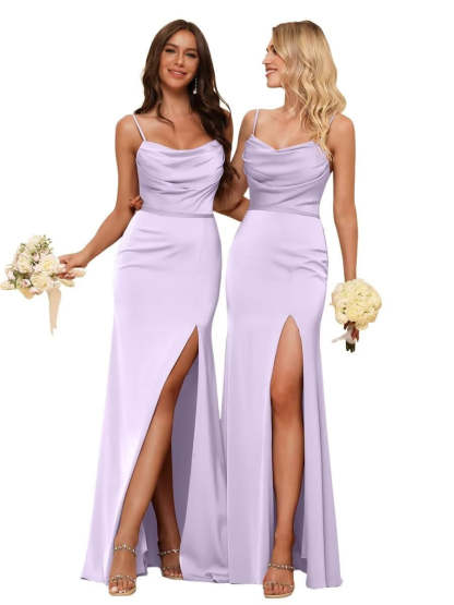 Sleeveless Floor-Length Satin Bridesmaid Dress with Spaghetti Straps, Ruffles, and a Side Split