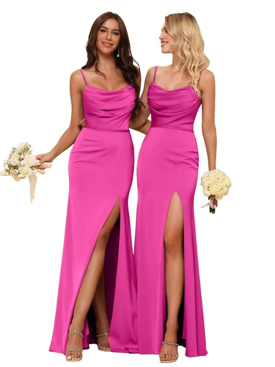 Sleeveless Floor-Length Satin Bridesmaid Dress with Spaghetti Straps, Ruffles, and a Side Split