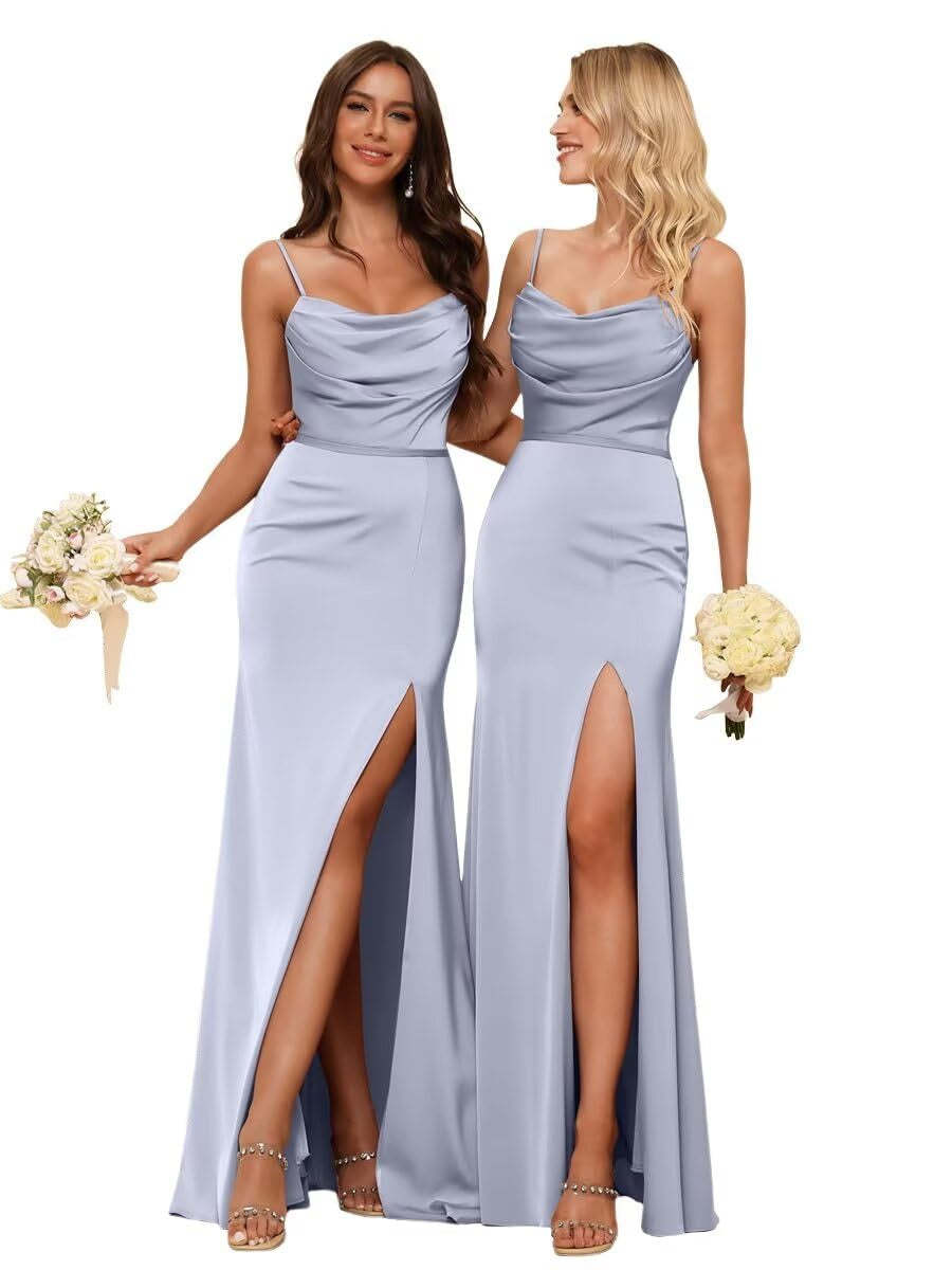 Sleeveless Floor-Length Satin Bridesmaid Dress with Spaghetti Straps, Ruffles, and a Side Split