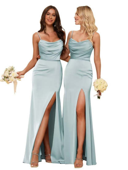 Sleeveless Floor-Length Satin Bridesmaid Dress with Spaghetti Straps, Ruffles, and a Side Split