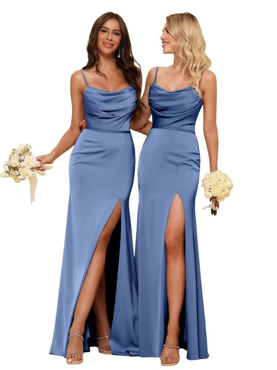Sleeveless Floor-Length Satin Bridesmaid Dress with Spaghetti Straps, Ruffles, and a Side Split
