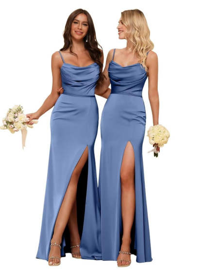 Sleeveless Floor-Length Satin Bridesmaid Dress with Spaghetti Straps, Ruffles, and a Side Split