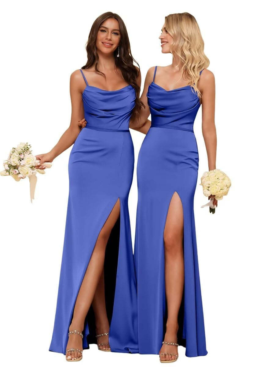 Sleeveless Floor-Length Satin Bridesmaid Dress with Spaghetti Straps, Ruffles, and a Side Split