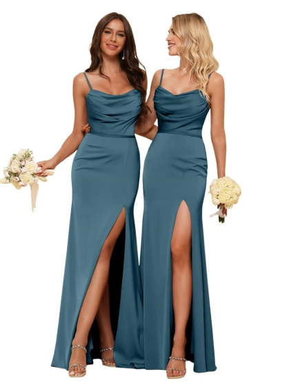 Sleeveless Floor-Length Satin Bridesmaid Dress with Spaghetti Straps, Ruffles, and a Side Split