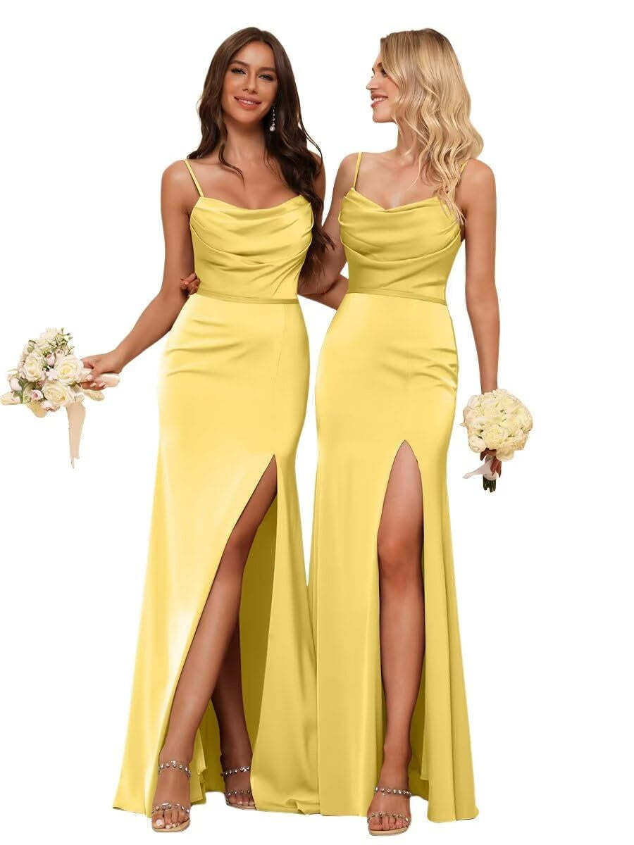 Sleeveless Floor-Length Satin Bridesmaid Dress with Spaghetti Straps, Ruffles, and a Side Split