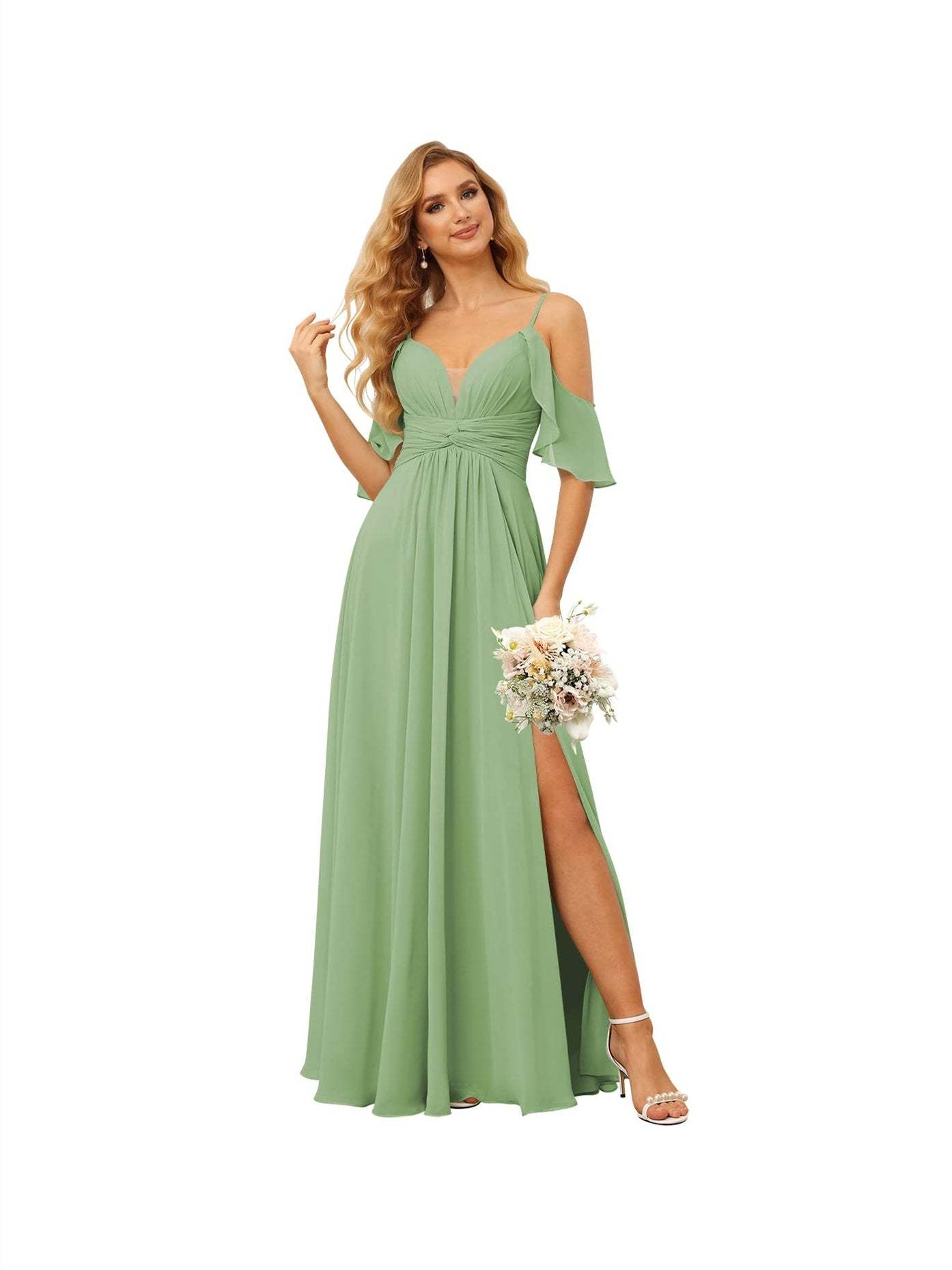 Spaghetti Strap Chiffon Bridesmaid Dress with Ruffles and a High-Low Hem