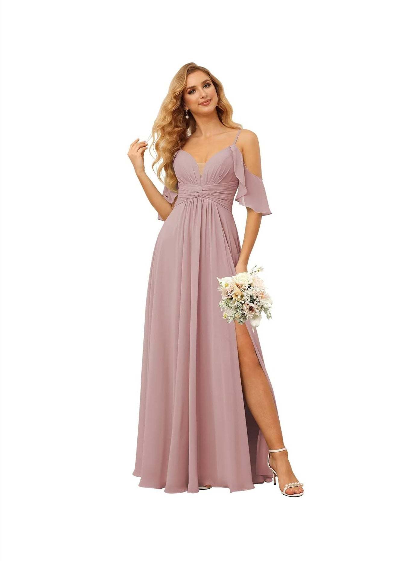 Spaghetti Strap Chiffon Bridesmaid Dress with Ruffles and a High-Low Hem