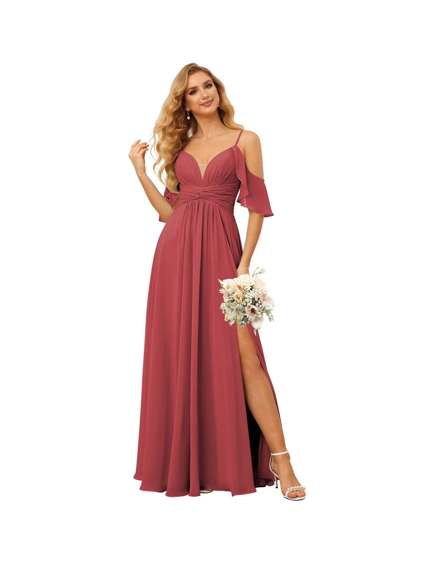 Spaghetti Strap Chiffon Bridesmaid Dress with Ruffles and a High-Low Hem