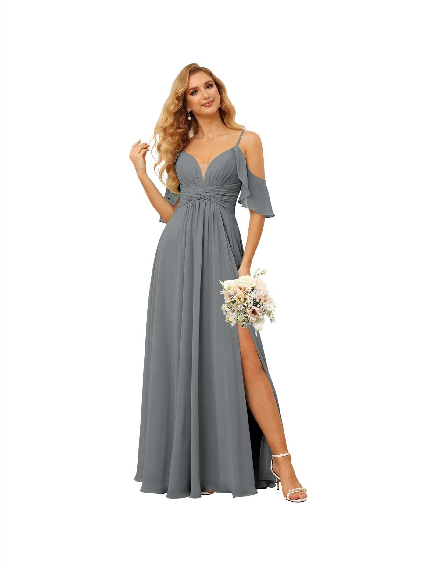 Spaghetti Strap Chiffon Bridesmaid Dress with Ruffles and a High-Low Hem